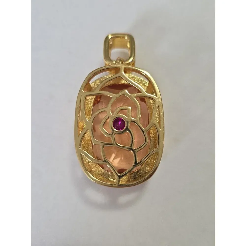 Large Light & Dark Pink Statement Pendant Reversible Floral Filigree Gold Tone